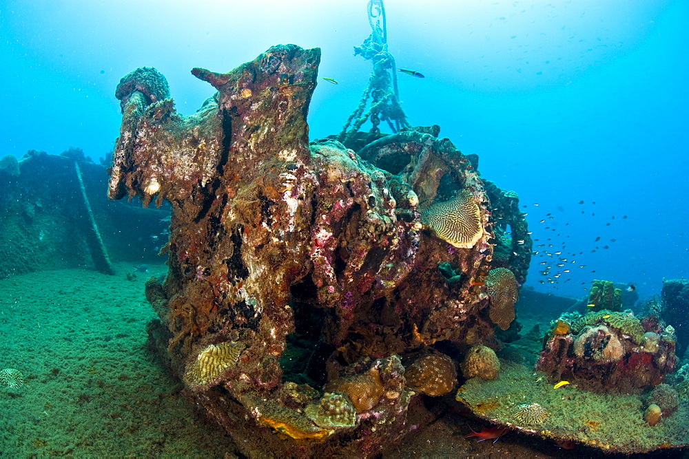 Gear on the deck of the wreck of the Lesleen M, a freighter sunk as an artificial reef in 1985 off Anse Cochon Bay, St. Lucia, West Indies, Caribbean, Central America