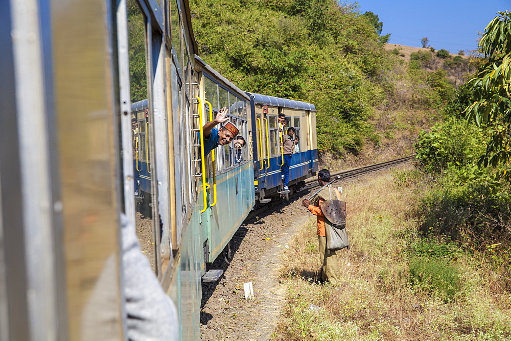 The Himalayan Queen toy train on the Kalka to Shimla Railway, UNESCO World Heritage Site, Northwest India, Asia