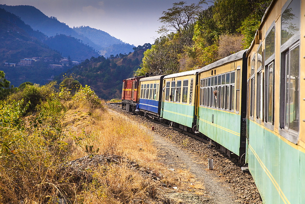 The Himalayan Queen toy train on the Kalka to Shimla Railway, UNESCO World Heritage Site, Northwest India, Asia