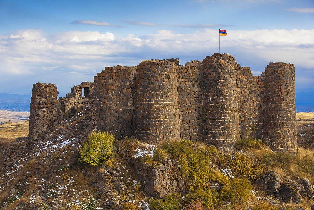 Amberd fortress located on the slopes of Mount Aragats, with Mount Ararat in the distance, Yerevan, Aragatsotn, Armenia, Central Asia, Asia 