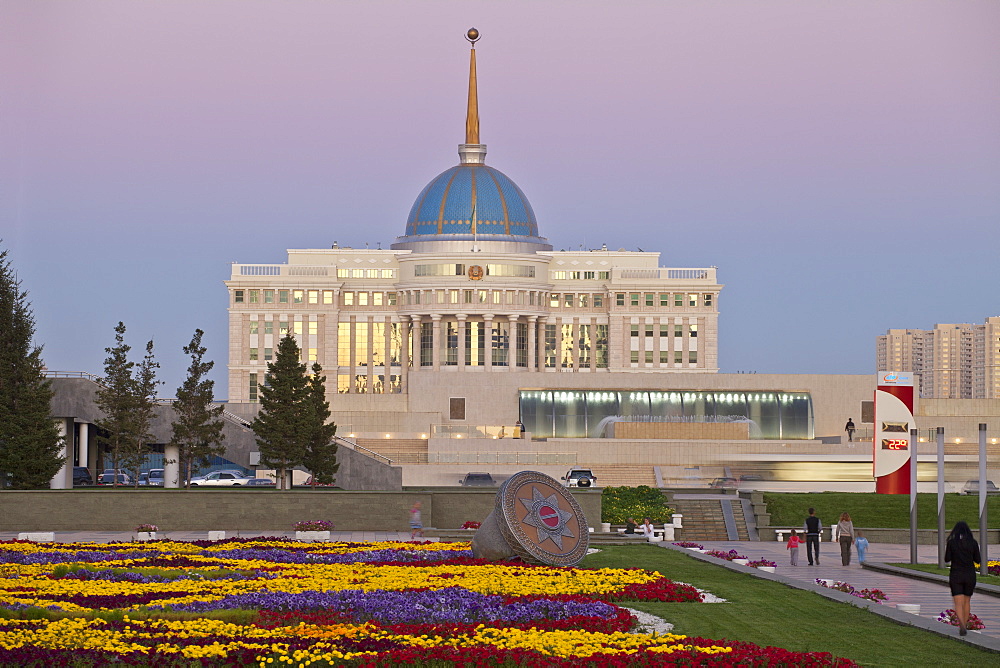 The Ak Orda, Presidential Palace of President Nursultan Nazarbayev at twilight, Astana, Kazakhstan, Central Asia, Asia