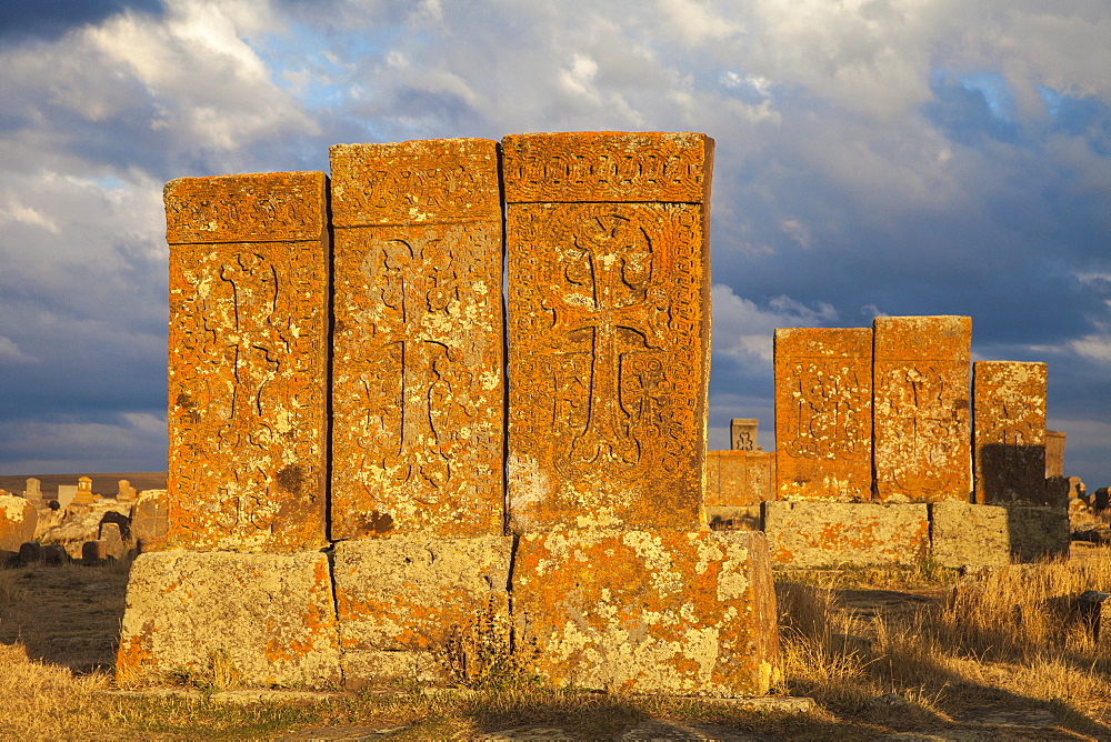 Khachkars at Noratus cemetery, Lake Seven, Armenia, Central Asia, Asia 