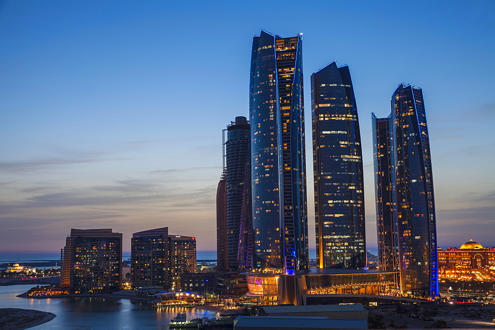 View of Etihad Towers and to the right The Emirates Palace Hotel, Abu Dhabi, United Arab Emirates, Middle East