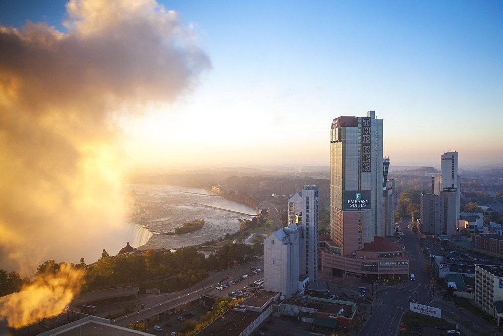 View of Hotels and Horseshoe Falls, Niagara Falls, Niagara, Ontario, Canada, North America