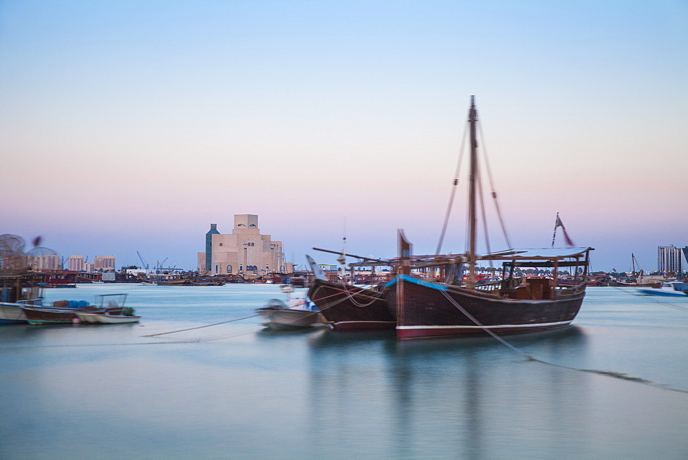 Boats in Doha Bay and Museum of Islamic Art, Doha, Qatar, Middle East