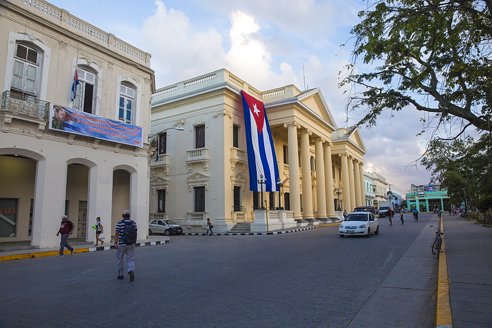 Cuban flag hanging from Palacio Provincial after the death of Fidel Castro, Parque Vidal, Santa Clara, Cuba, West Indies, Caribbean, Central America