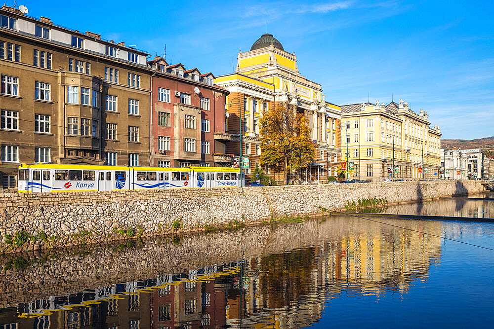 Buildings of Bascarsija (The Old Quarter), on the banks of the Miljacka River, Sarajevo, Bosnia and Herzegovina, Europe