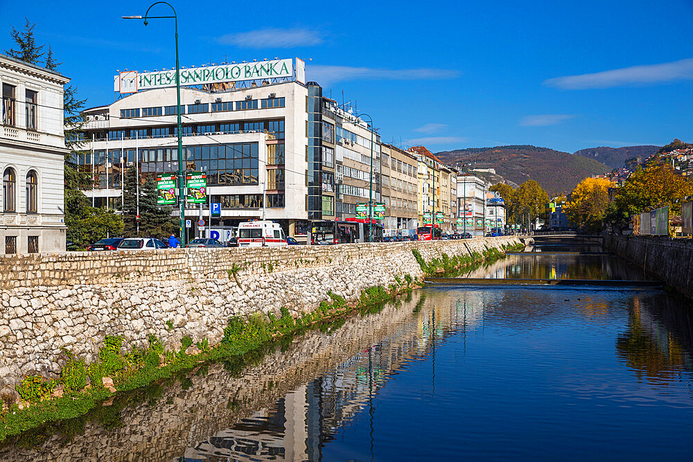 Buildings of Bascarsija (The Old Quarter), on the banks of the Miljacka River, Sarajevo, Bosnia and Herzegovina, Europe