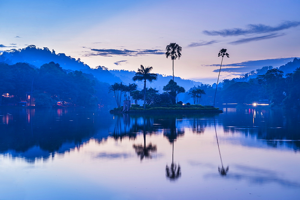 Kandy Lake and the island which houses the Royal Summer House at dawn, Kandy, Central Province, Sri Lanka, Asia 