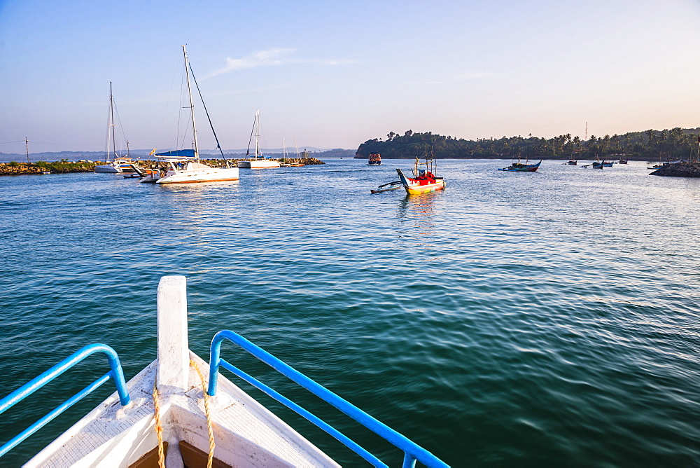 Mirissa harbour, whale watching boat heading out on a whale watching trip, South Coast, Sri Lanka, Asia 