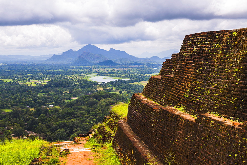 Ruins of King Kassapa's Palace in front of the view from of Sigiriya Rock Fortress (Lion Rock), UNESCO World Heritage Site, Sigiriya, Sri Lanka, Asia 