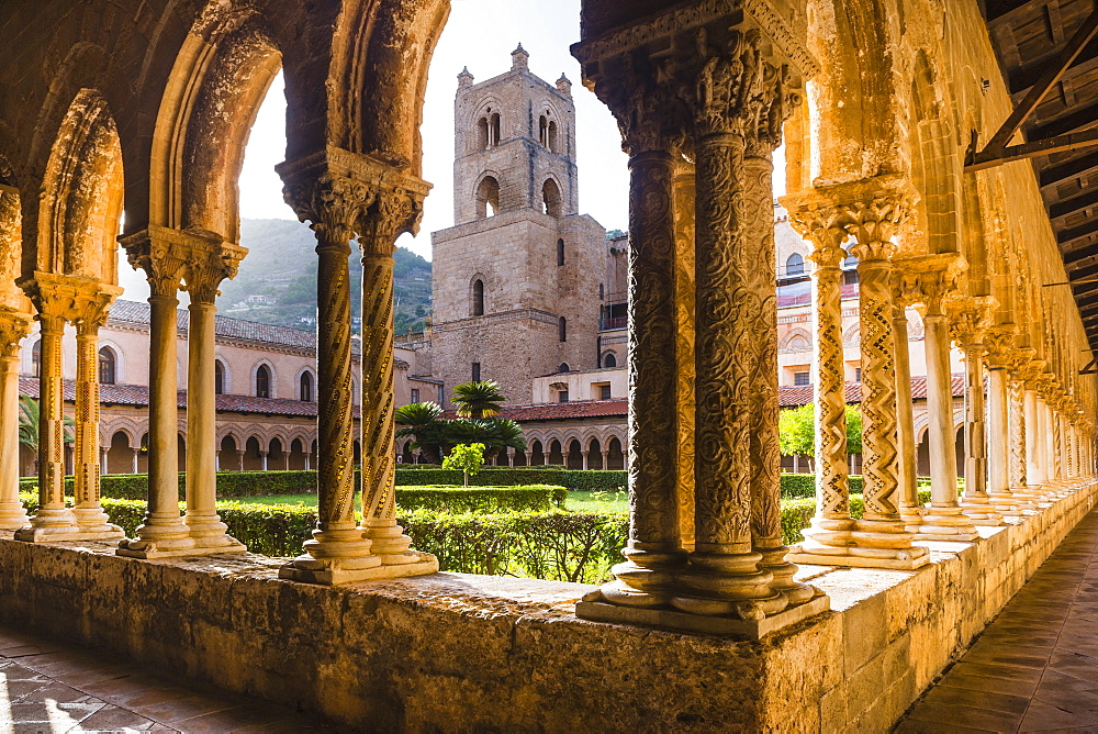 Duomo di Monreale at sunset (Monreale Cathedral), courtyard gardens, Monreale, near Palermo, Sicily, Italy, Europe 