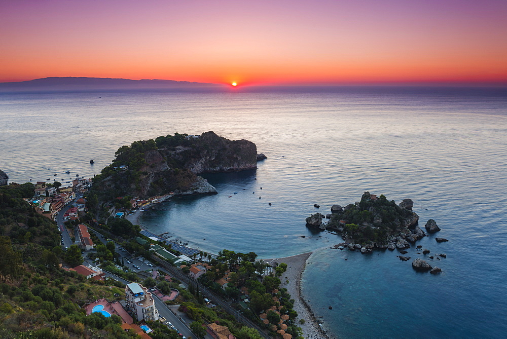 Isola Bella Beach and Isola Bella Island at sunrise, Taormina, Sicily, Italy, Mediterranean, Europe 