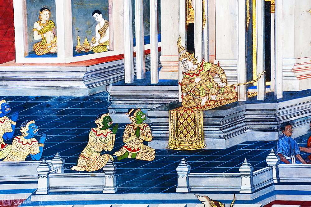 Detail of painting on the walls, The Grand Palace, Bangkok, Thailand, Southeast Asia, Asia