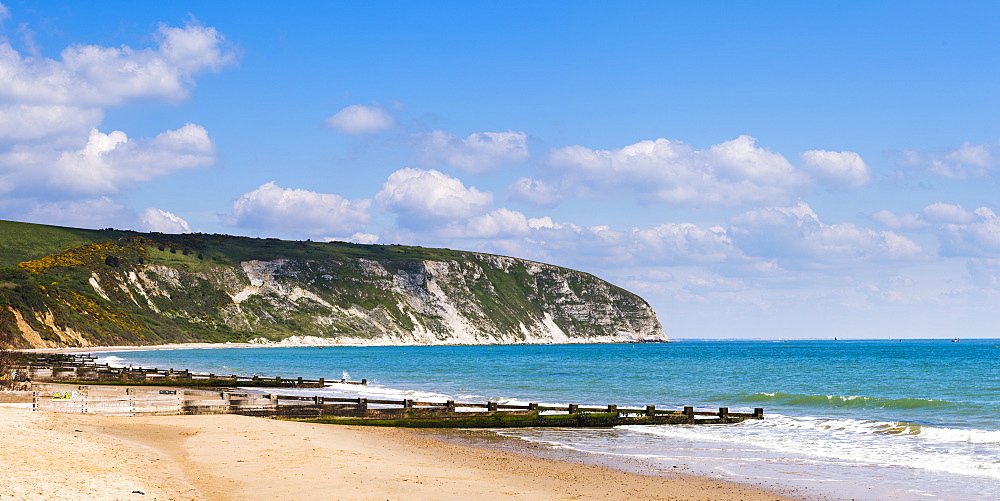 Swanage Beach and white cliffs, Dorset, Jurassic Coast, England, United Kingdom, Europe 