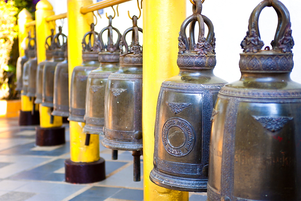 Large Buddhist prayer bells at Wat Doi Suthep Temple, Chiang Mai, Thailand, Southeast Asia, Asia