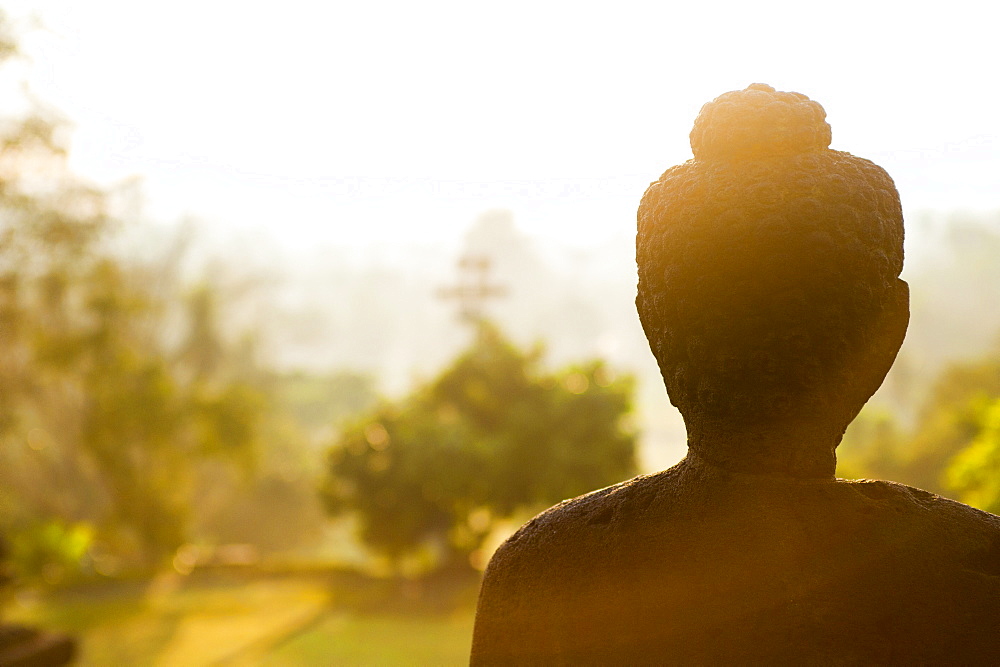 Stone Buddha statue at sunrise at the Buddhist Temple, Borobudur (Borobodur), UNESCO World Heritage Site, Java, Indonesia, Southeast Asia, Asia