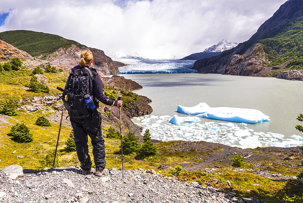 Hiker at Grey Glacier (Glaciar Grey), Torres del Paine National Park, Patagonia, Chile, South America