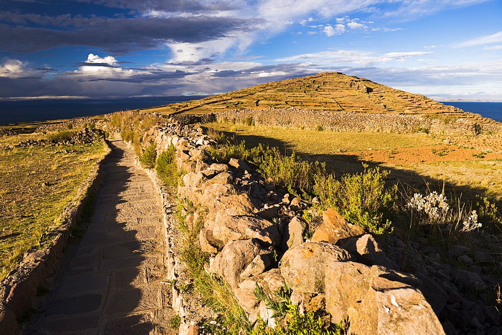 Amantani Islands (Isla Amantani) seen from Pachamama (Mother Earth) summit, Lake Titicaca, Peru, South America