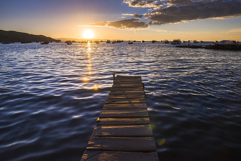 Lake Titicaca pier at sunset, Copacabana, Bolivia, South America