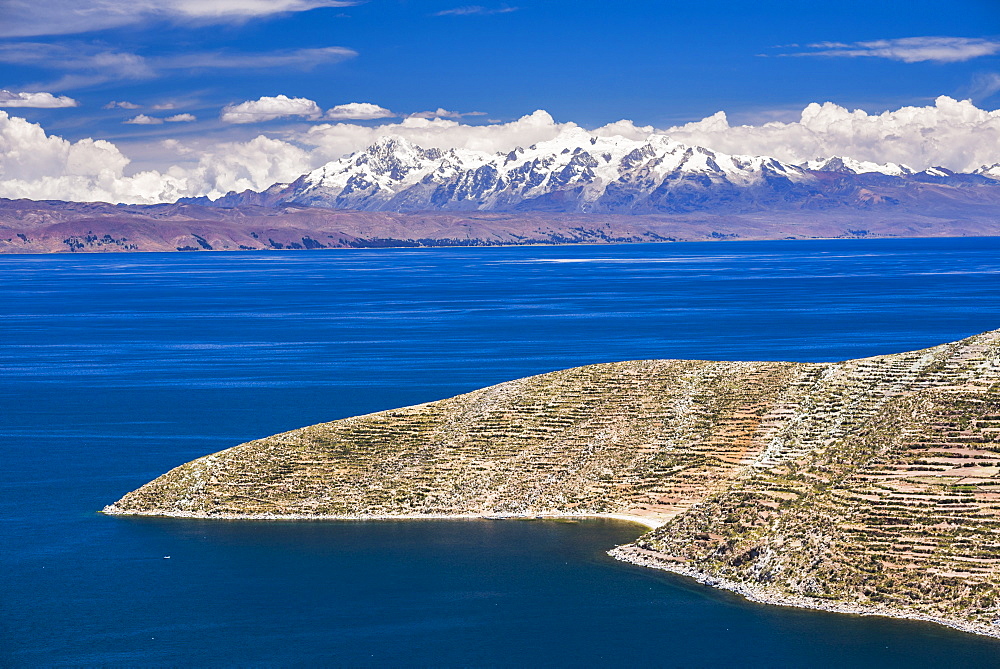 Cordillera Real Mountain Range, part of Andes Mountains, seen from Isla del Sol (Island of the Sun), Lake Titicaca, Bolivia, South America