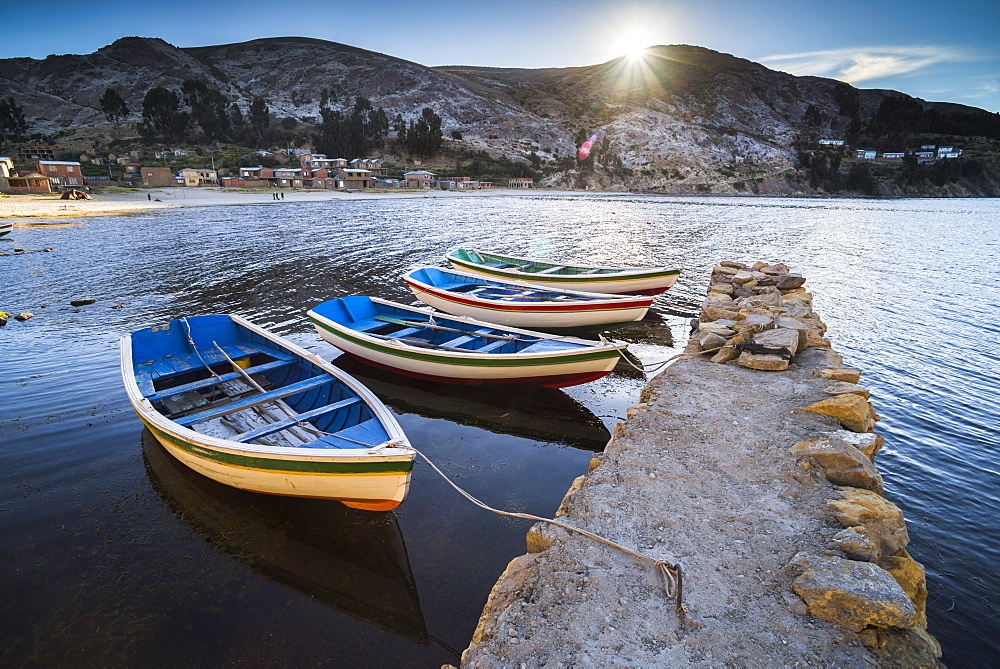 Boats in the harbour on Lake Titicaca at Challapampa village, Isla del Sol (Island of the Sun), Bolivia, South America