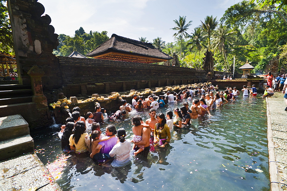 Balinese people in holy spring water in the sacred pool at Pura Tirta Empul Temple, Tampaksiring, Bali, Indonesia, Southeast Asia, Asia