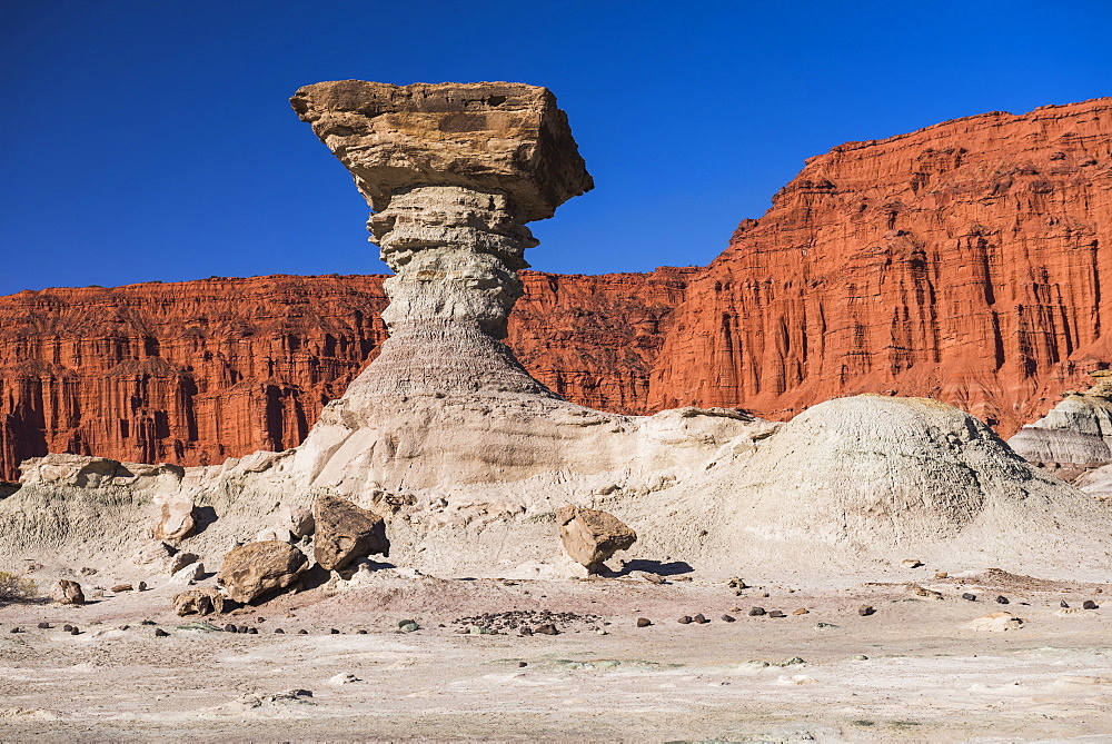 The Mushroom rock formation by Los Coloradas red rock wall, Valley of the Moon (Valle de la Luna), Ischigualasto Provincial Park, San Juan Province, North Argentina, South America