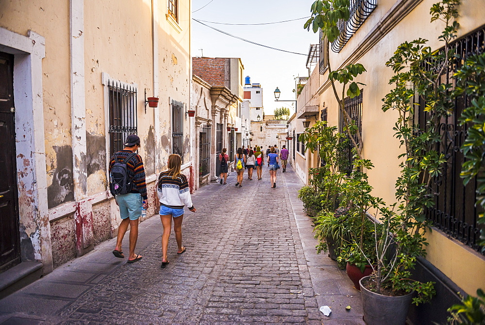 Backpackers on free walking tour of Arequipa, Peru, South America