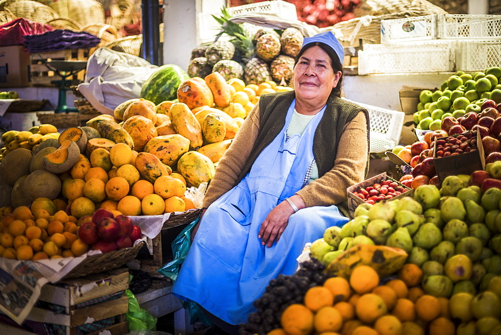 Portrait of a fruit and vegetable vendor, Campesino Market (Mercado Campesino), Sucre, Bolivia, South America