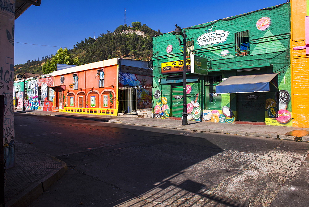 Colourful buildings in Barrio Bellavista (Bellavista Neighborhood), Santiago, Santiago Province, Chile, South America