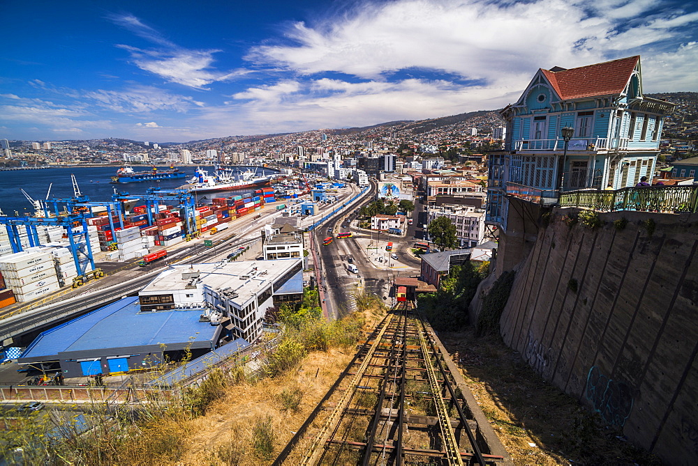 Funicular train 21 de Mayo (May 21st) and Valparaiso Port on Artillery Hill, Valparaiso Province, Chile, South America