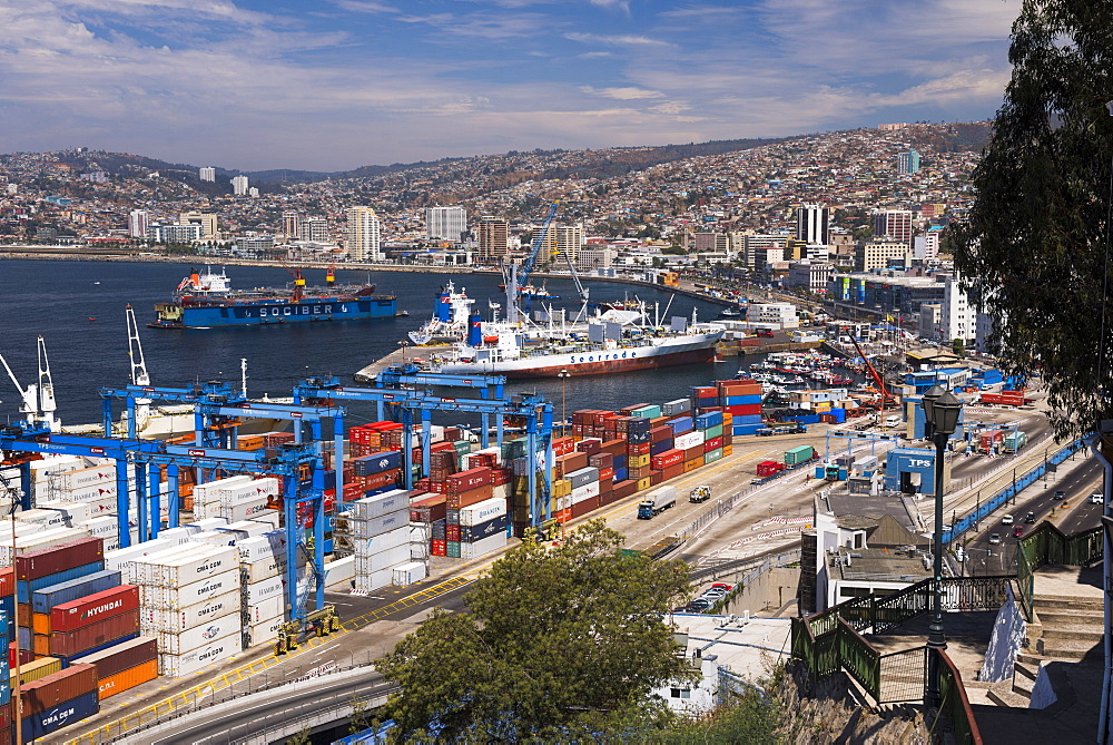 Valparaiso Port, seen from funicular train 21 de Mayo (May 21st), Artillery Hill, Valparaiso Province, Chile, South America