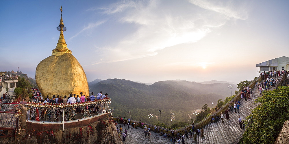 Golden Rock Stupa (Kyaiktiyo Pagoda) at sunset, Mon State, Myanmar (Burma), Asia