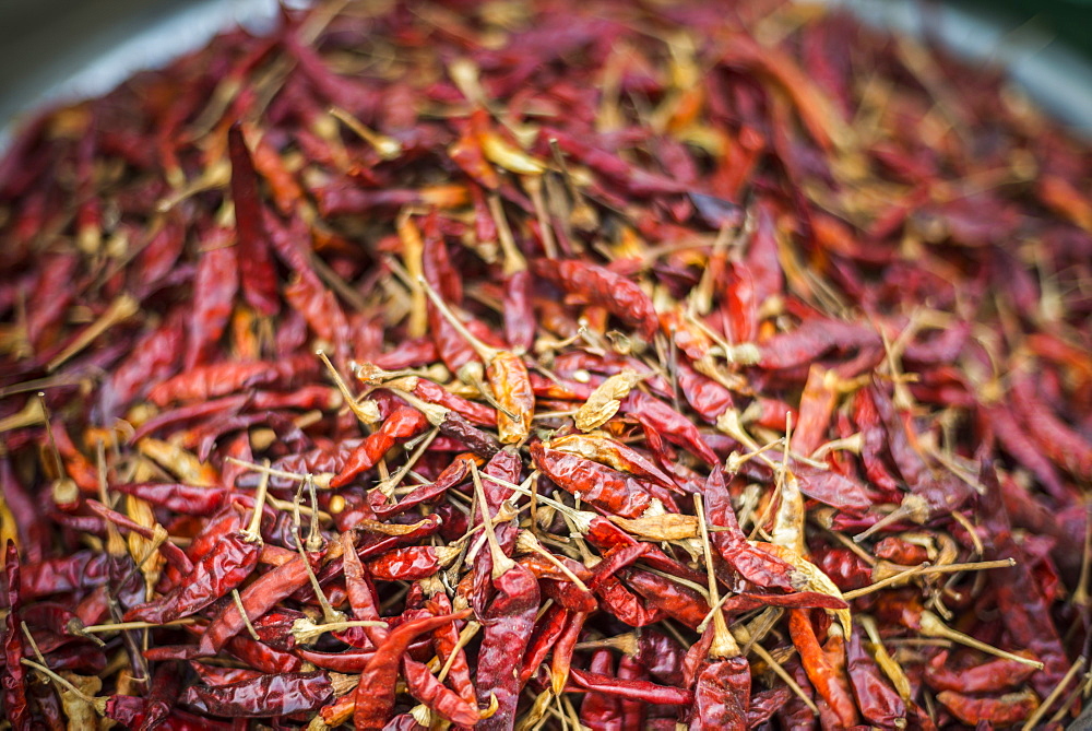 Chillies, Mrauk U market, Rakhine State, Myanmar (Burma), Asia