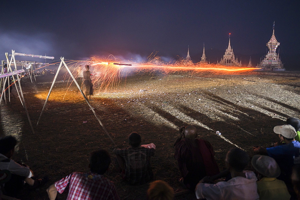 Mrauk U, firing a rocket at a monk's coffin at Dung Bwe Festival, Rakhine State, Myanmar (Burma), Asia