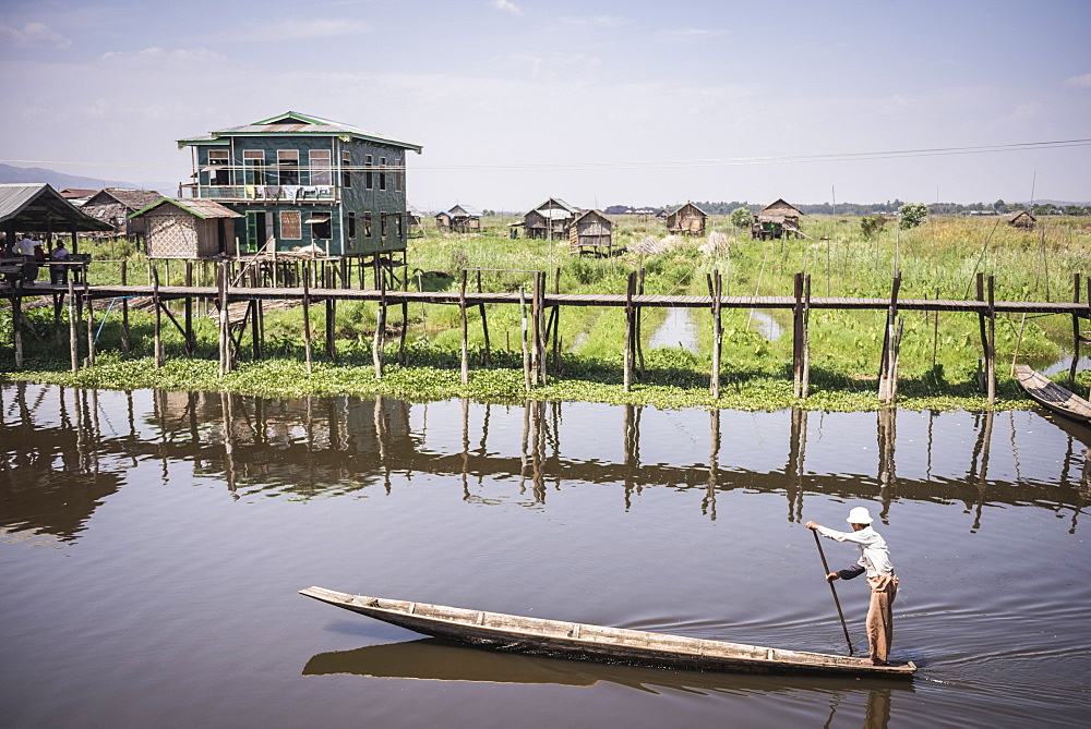 Maing Thauk Bridge, over 1000 years old, at Inle Lake, Shan State, Myanmar (Burma), Asia