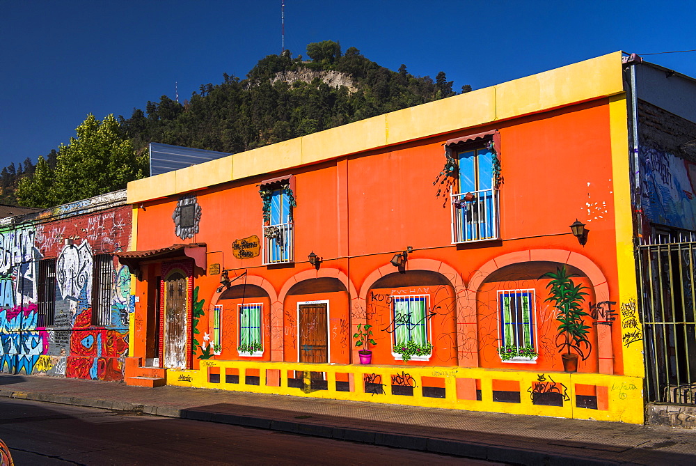 Colourful buildings in Barrio Bellavista (Bellavista Neighborhood), Santiago, Santiago Province, Chile, South America