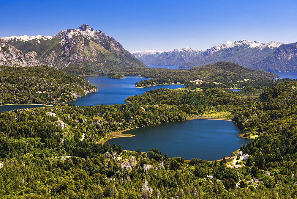 View of Argentinian Lake District and Andes Mountains from Cerro Campanario (Campanario Hill), San Carlos de Bariloche, Rio Negro Province, Patagonia, Argentina, South America