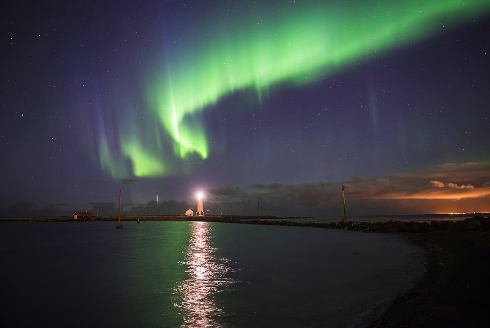 Northern Lights (Aurora Borealis) at Grotta Island Lighthouse, Seltjarnarnes Peninsula, Reykjavik, Iceland, Polar Regions