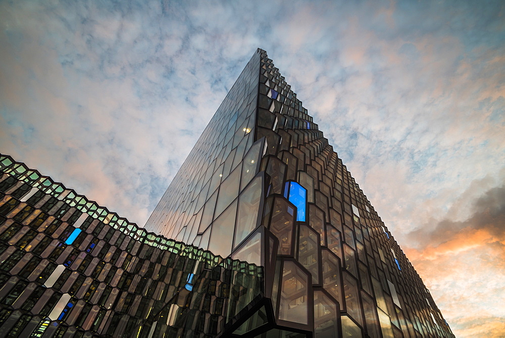 Harpa Concert Hall and Conference Centre at sunrise, Reykjavik, Iceland, Polar Regions