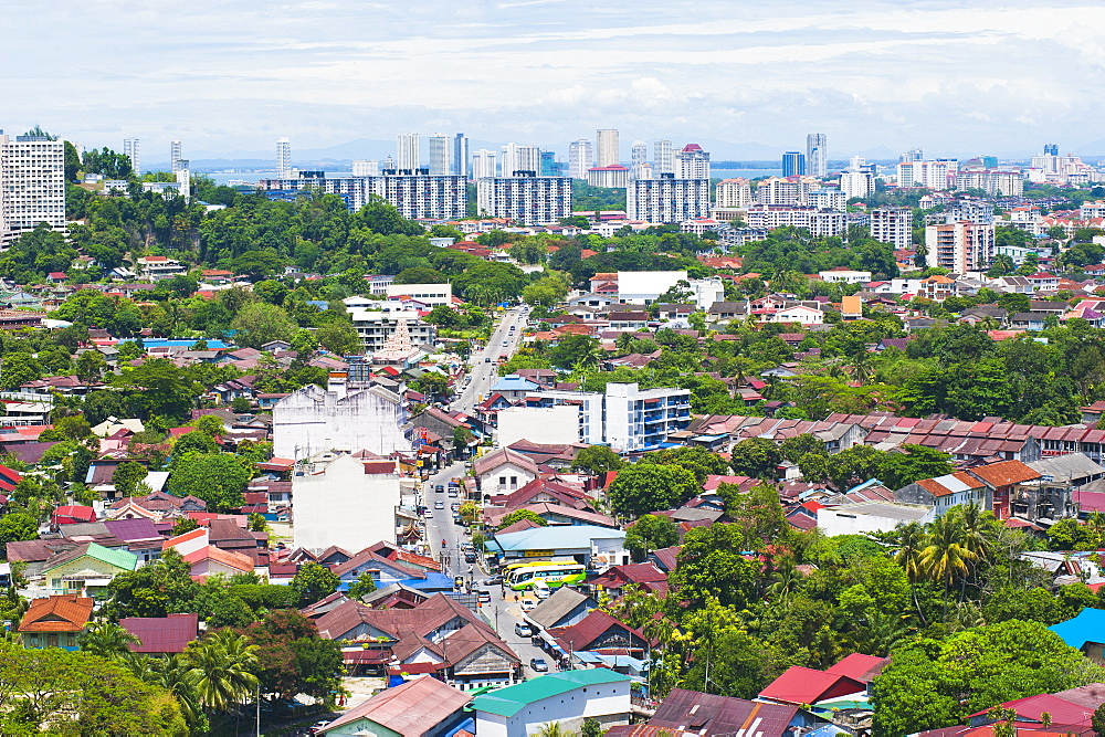 Aerial view over Georgetown from Kek Lok Si Temple, Penang, Malaysia, Southeast Asia, Asia