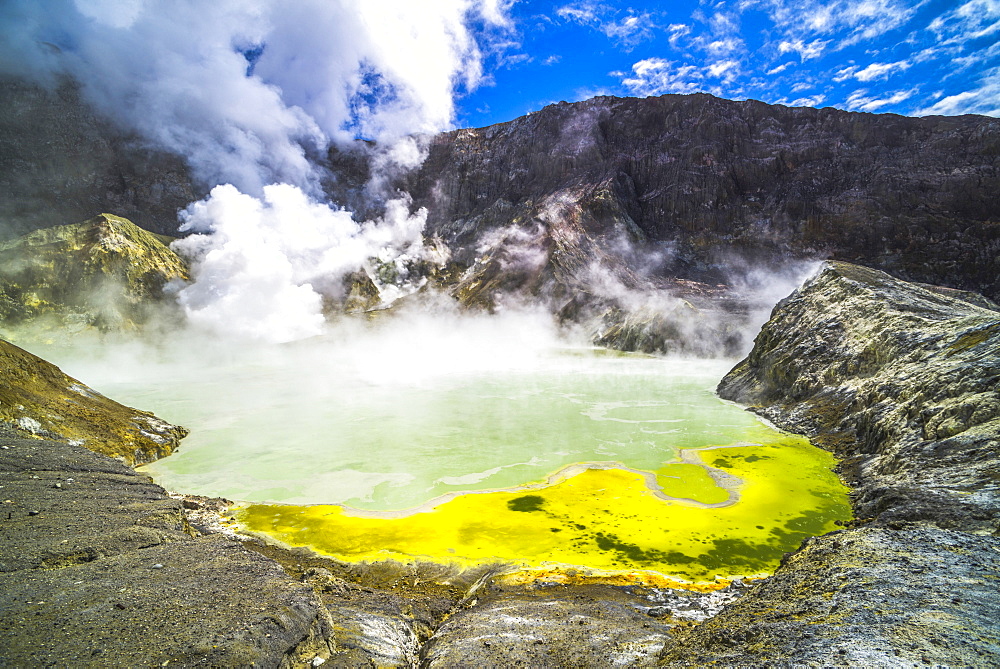 Acid Crater Lake, White Island Volcano, an active volcano in the Bay of Plenty, North Island, New Zealand, Pacific