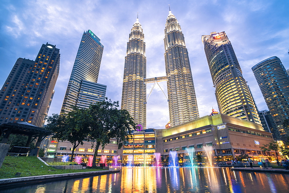 Petronas Twin Towers light display at night, Kuala Lumpur, Malaysia, Southeast Asia, Asia