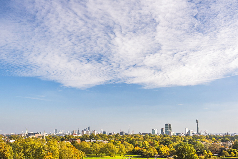 City skyline in autumn seen from Primrose Hill, Chalk Farm, London Borough of Camden, London, England, United Kingdom, Europe