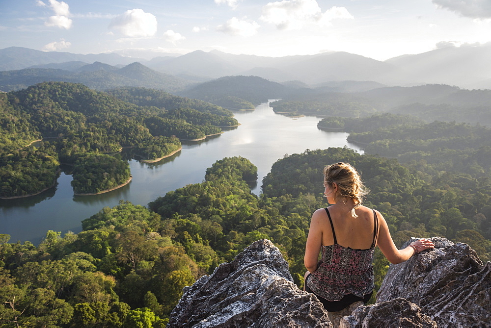 Tourist on top of Bukit Tabur Mountain overlooking Klang Gates Dam, Kuala Lumpur, Malaysia, Southeast Asia, Asia