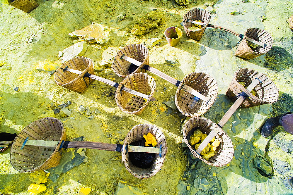 Kawah Ijen, empty sulphur baskets waiting to be filled, East Java, Indonesia, Southeast Asia, Asia