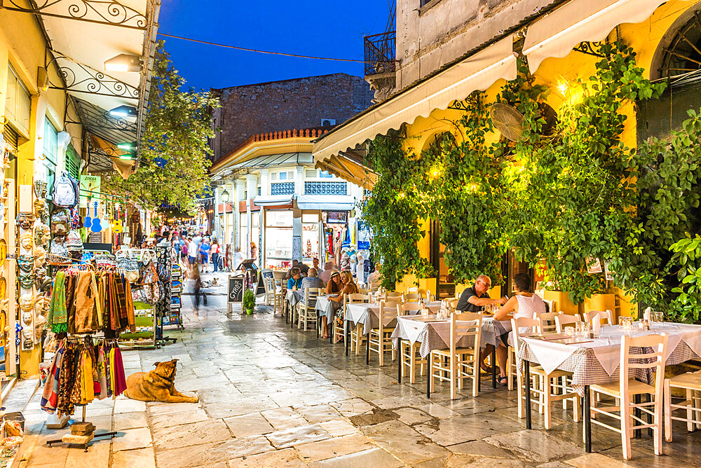 Restaurants at night, Plaka District, Athens, Attica Region, Greece, Europe