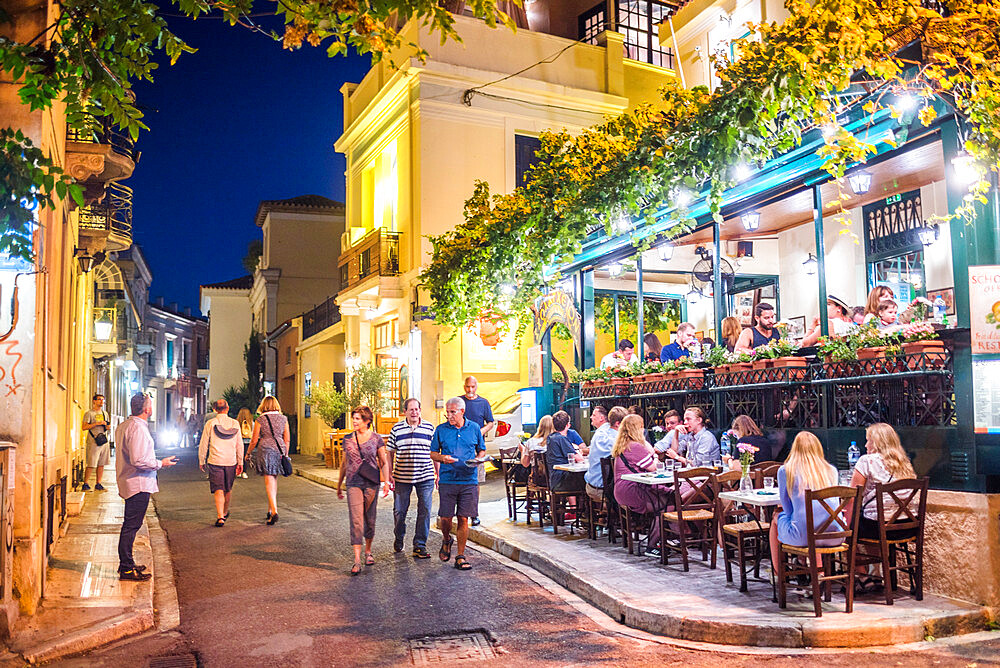 Restaurants at night, Plaka District, Athens, Attica Region, Greece, Europe