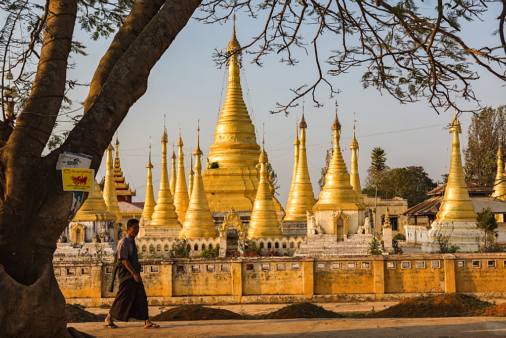 Street scene with Buddhist monk, Pindaya, Shan State, Myanmar (Burma)